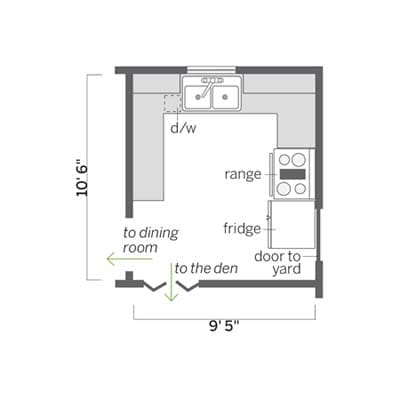 Before floor plan showing inefficient 100-square-foot kitchen layout.