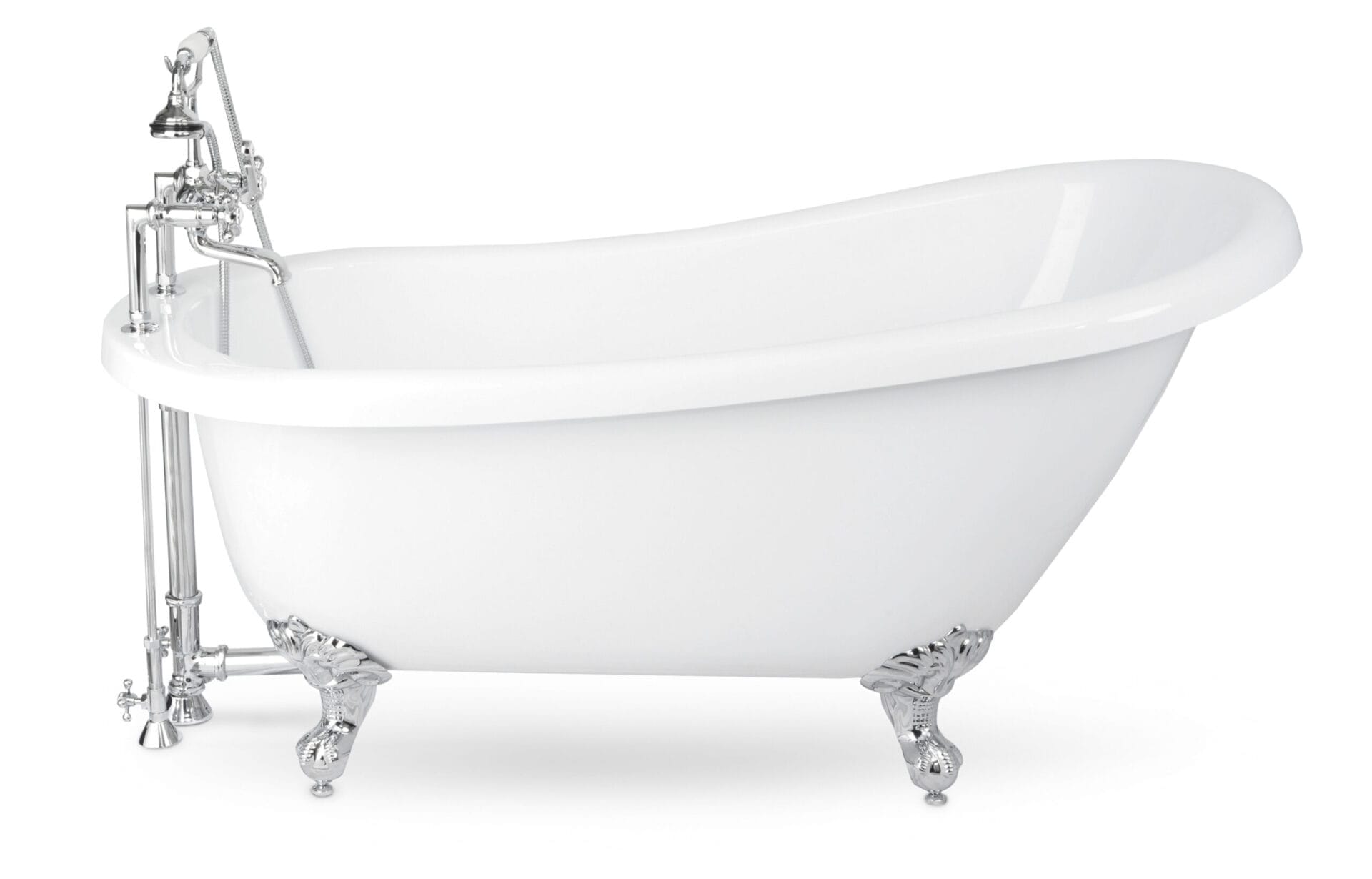 Lightweight acrylic claw-foot bathtub with chrome ball-and-claw feet.