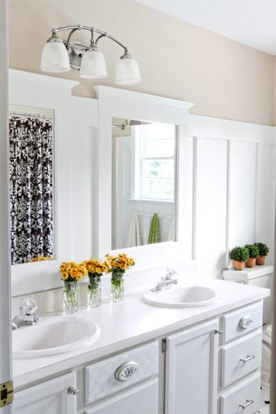 Nickel light fixture above double vanities.