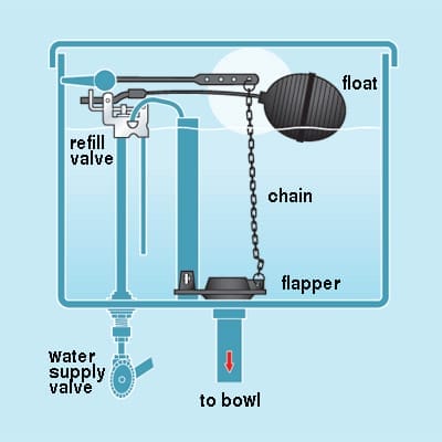 A graphic showing the components of a toilet tank