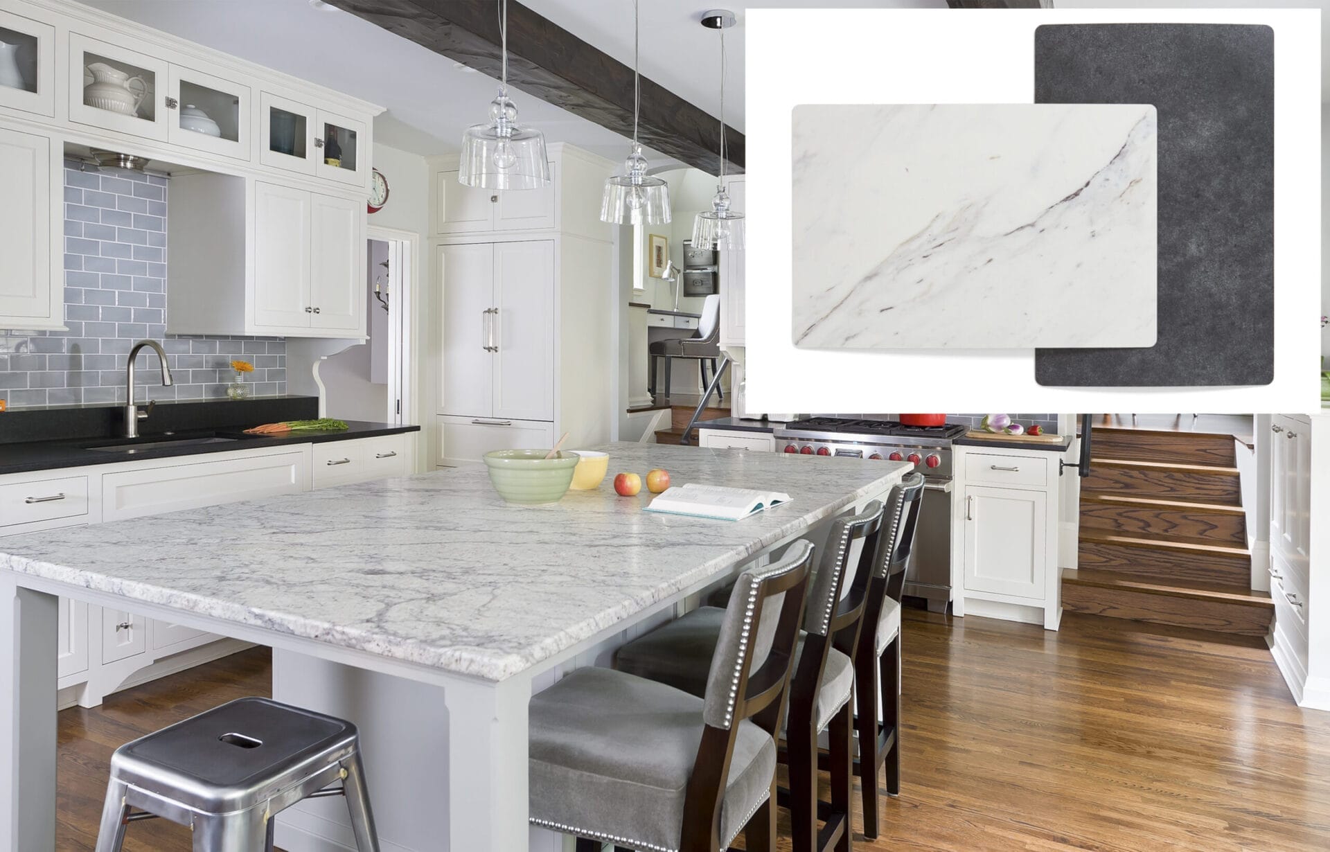 Laminate countertops replicating marble and soapstone with realistic beveled edges.