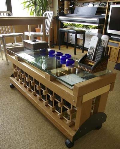 A coffee table made of repurposed materials