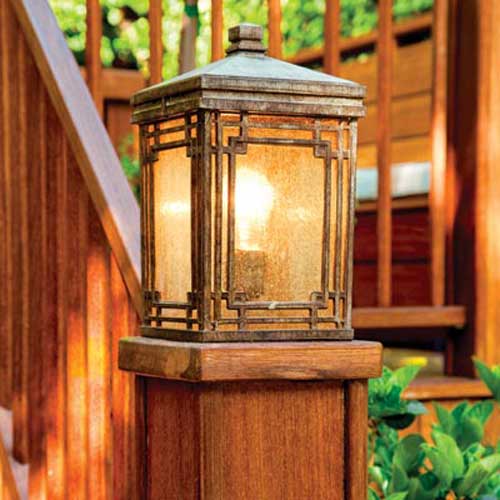A deck with post lights.