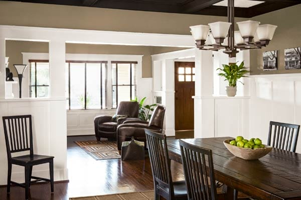 A living and dining room with an open floor plan