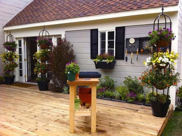 A deck with a container garden.