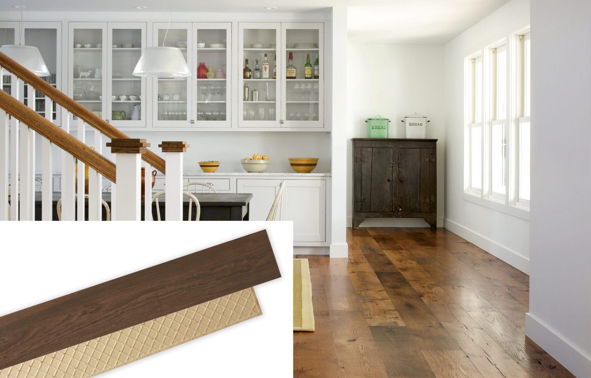 Porcelain wood-look planks mimicking wide hardwood floors.
