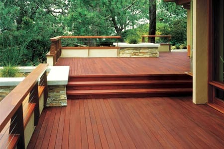 A freshly stained wood deck.