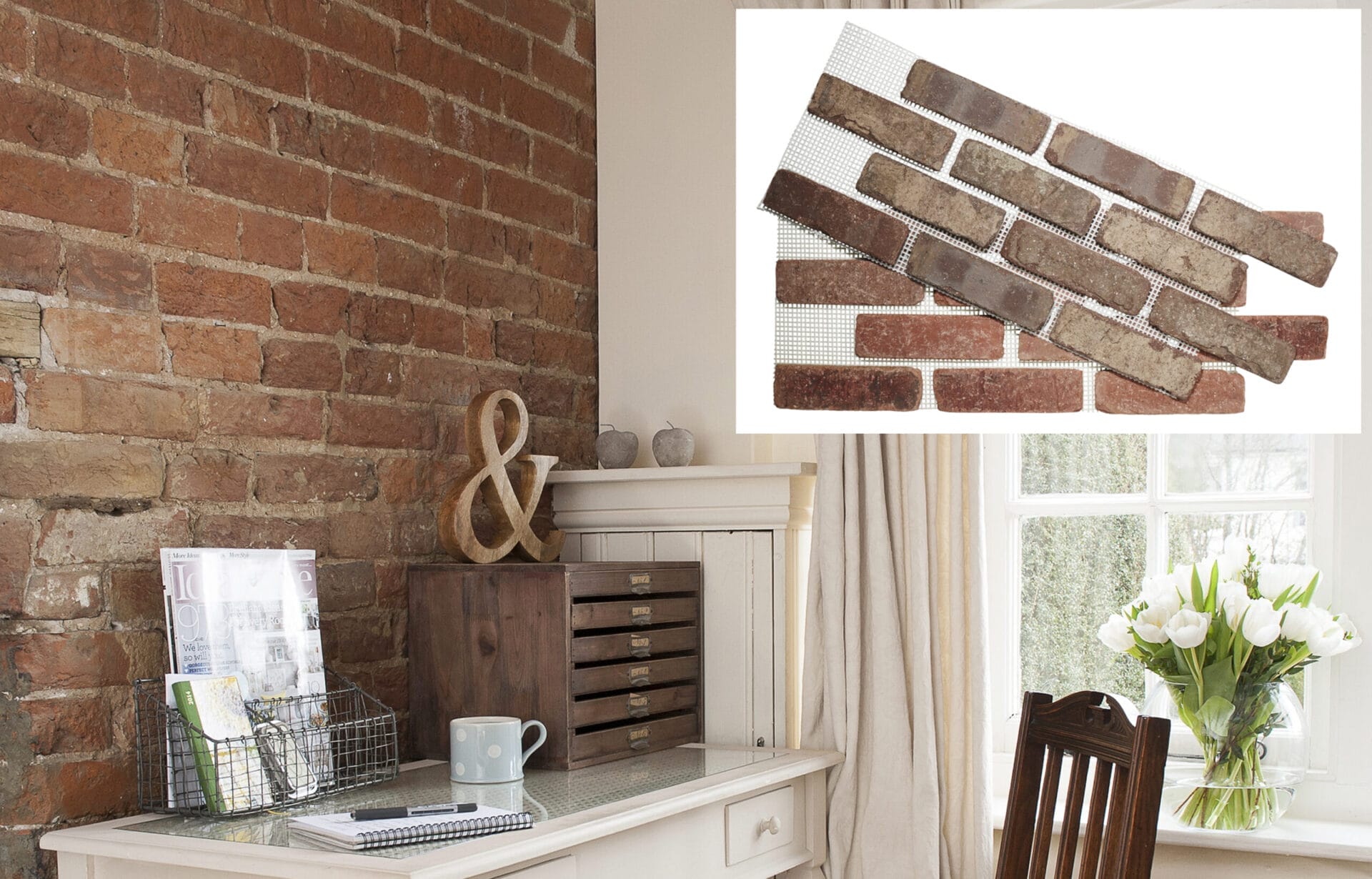 Thin brick veneer sheets in café mocha and dixie clay colors for historical wall accents.