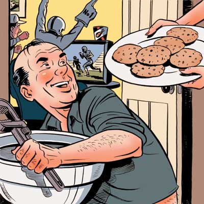 A cartoon of someone giving cookies to a plumber