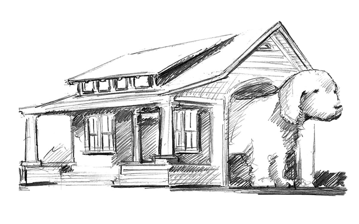 Drawing of a dog in a doghouse.