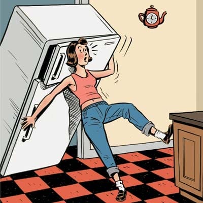 A cartoon of a refrigerator falling on a woman