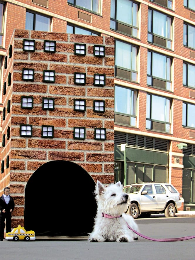 Red brick high-rise doghouse with doorman.