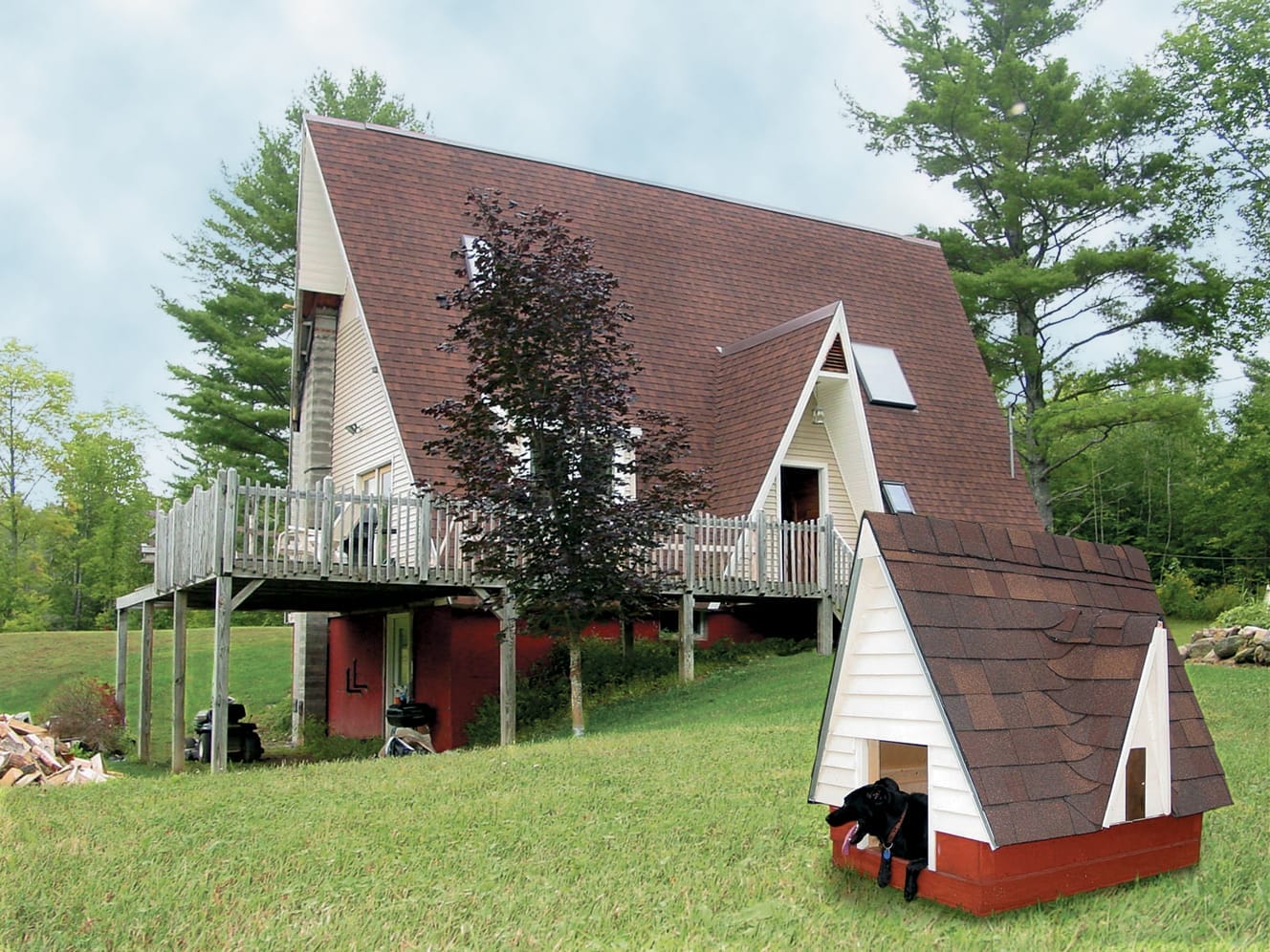 A-frame doghouse with steep roof and rustic wood construction.