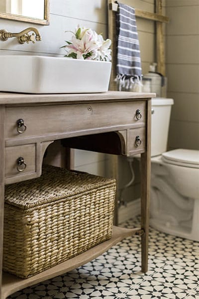 Vintage buffet used as a vanity.