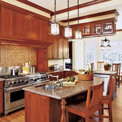 Renovated kitchen with wood cabinets.