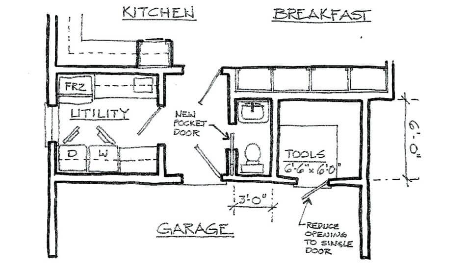 Drawing of how utility space could be reworked into a half bath or powder room.