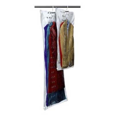 Hanging vacuum-storage bag protecting seasonal linens and tree skirts.
