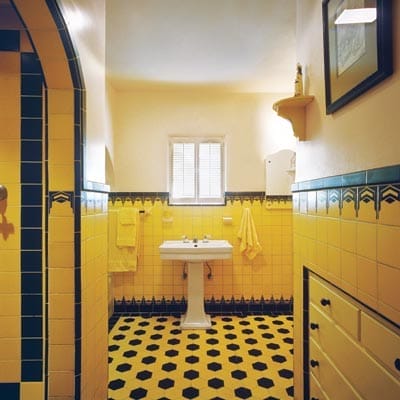 An art deco bathrooms mixes vintage and modern.