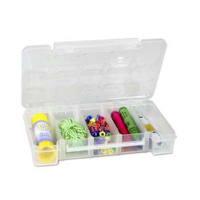 Clear compartmentalized case for small holiday hardware and ornament hooks.