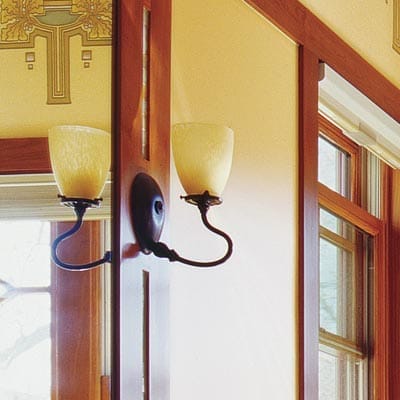 Craftsman style hardware in a modern bathroom.