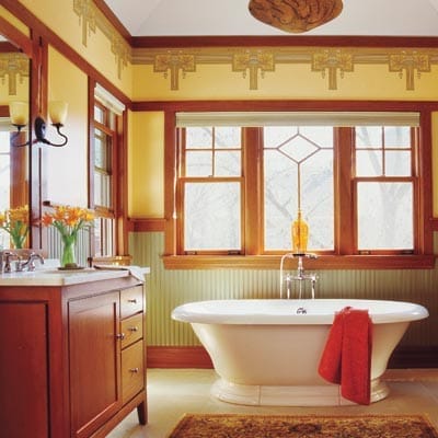A modern bathroom with a vintage craftsman style.