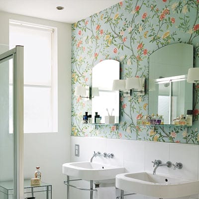 Floral wallpaper in a bathroom.