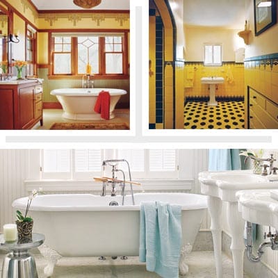 Examples of modern bathrooms in Victorian, Craftsman, and art deco vintage styles.