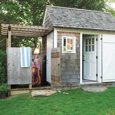 An outdoor shower attached to a garden shed