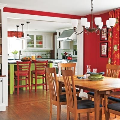 Dining room after renovation with widened square opening to kitchen.