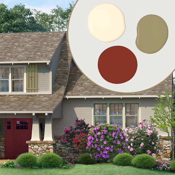 Three paint color samples in front of the after house illustration.
