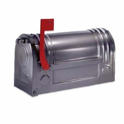 Classic black mailbox with a red signal flag.