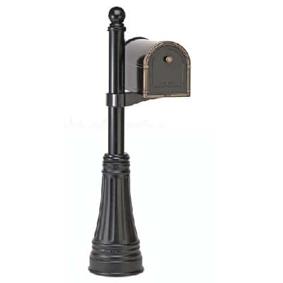 Two-toned mailbox on a black post.