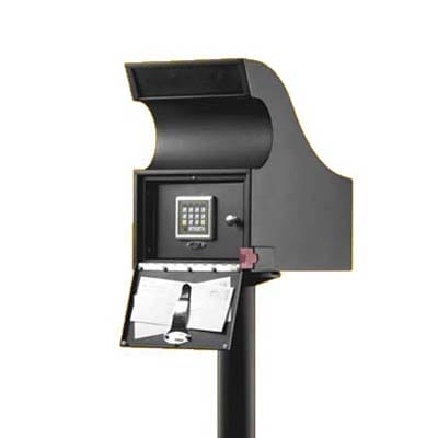 Black mailbox with a drop chute and a secure keyless touchpad system.