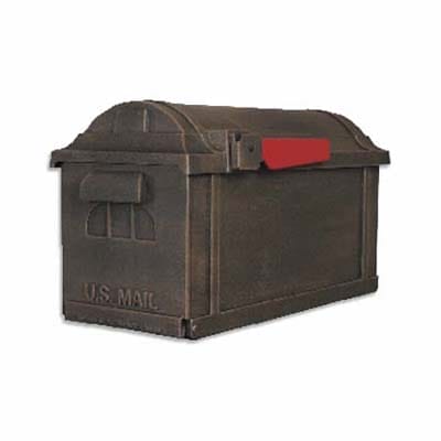 Bronze aluminum mailbox with a red signal flag.