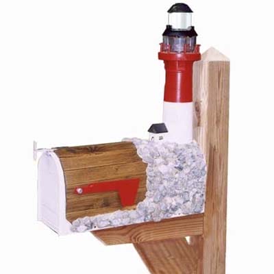 Wooden mailbox with a white door and a red signal flag. The mailbox also has a lighthouse on it with a solar panel.