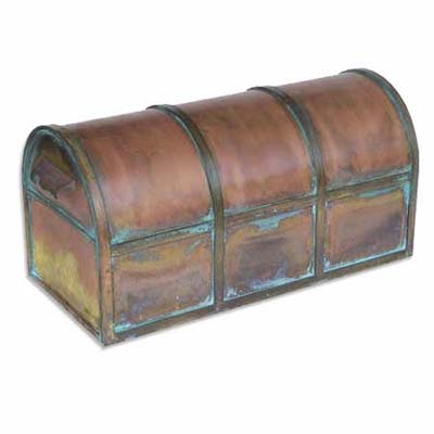 Brass mailbox with shades of blue, red , and brown. 