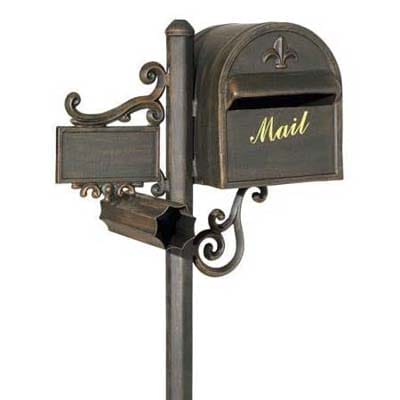 Fleur de Lis mailbox made of cast aluminum and has a bronze finish.