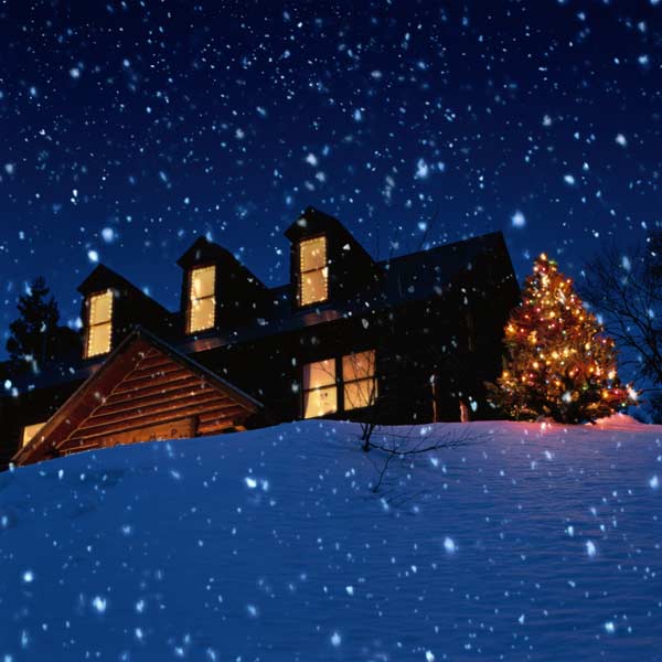 Snow falling in front of a house with a lit up Christmas tree beside it.