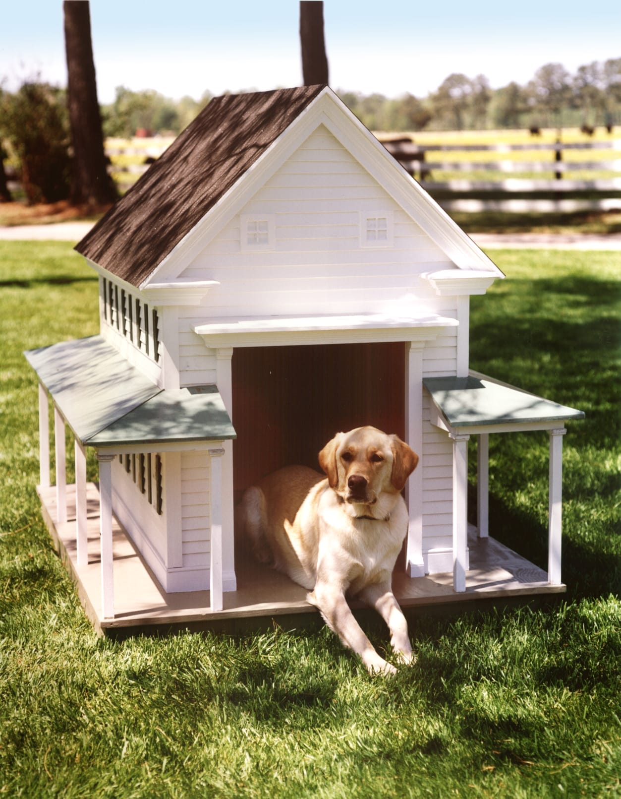 Greek Revival doghouse with classical pediment and porch columns.
