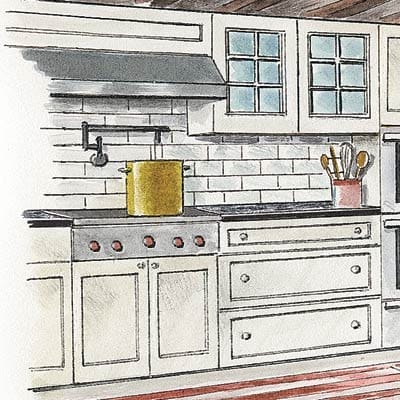 A drawing of a kitchen.