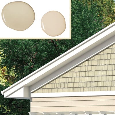Close-up on garage siding and images of the two paint colors used.