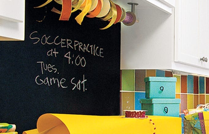 Blackboard paint backsplash serving as family message board.