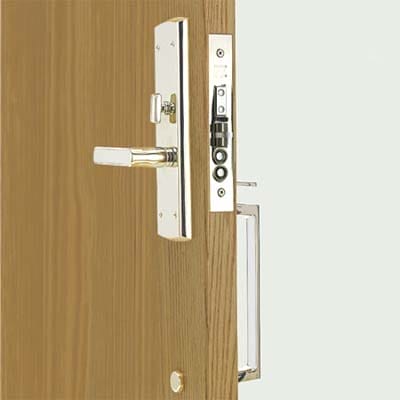 A mortise entry set on a wooden door.