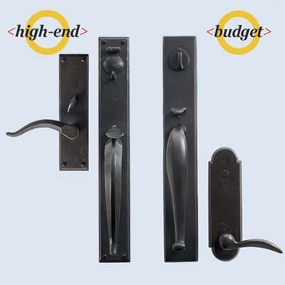 Two similar black entry sets where the on on the left is a high-end version and the one on the right is a budget version.