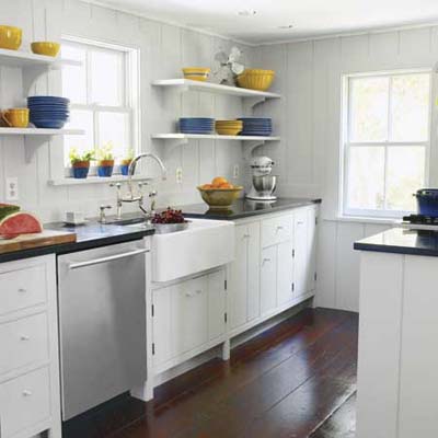 Open shelving in white kitchen.