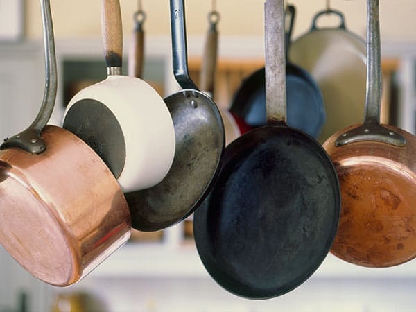 Pots and pans on a hanging rack