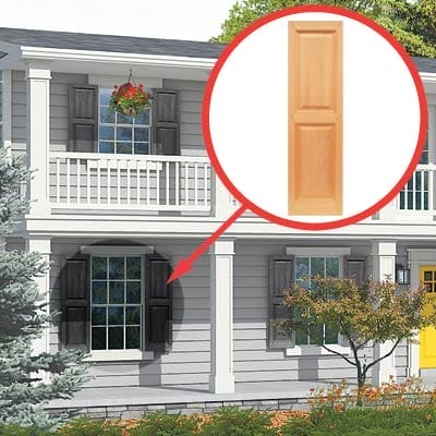 Classic raised-panel wood shutters.