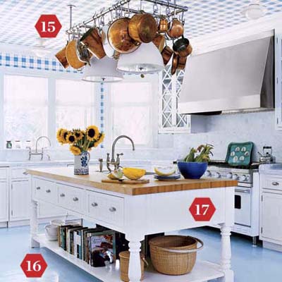 Modern manor kitchen with wallpapered ceiling and painted blue floor.