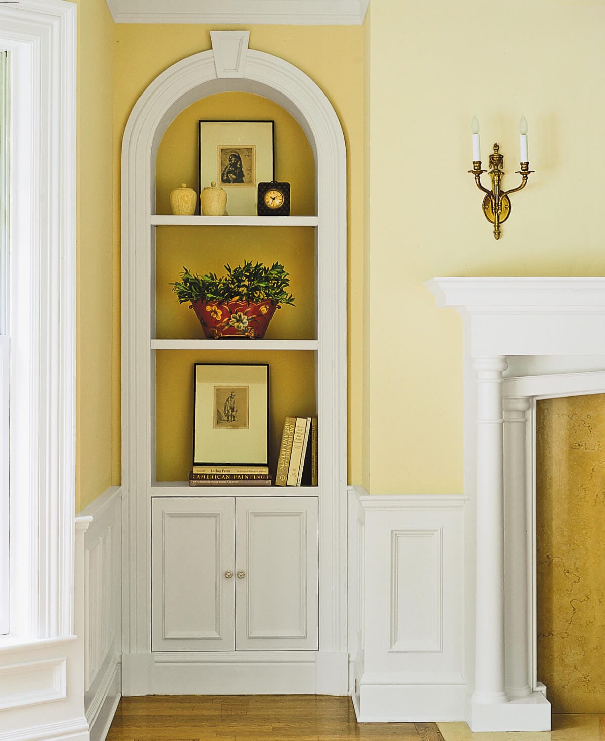 A set of shelves and cabinets for storage.