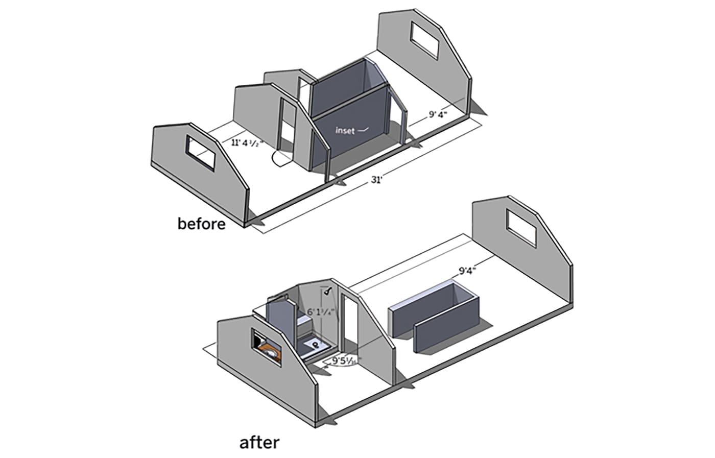Google SketchUp 3D floor plan showing before and after of the attic renovation.